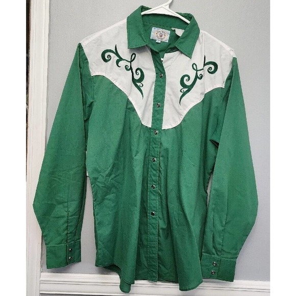 Ely Cattleman Tops - Vintage Ely Country Charmers Western Snap Women's Rodeo Shirt Large GREEN